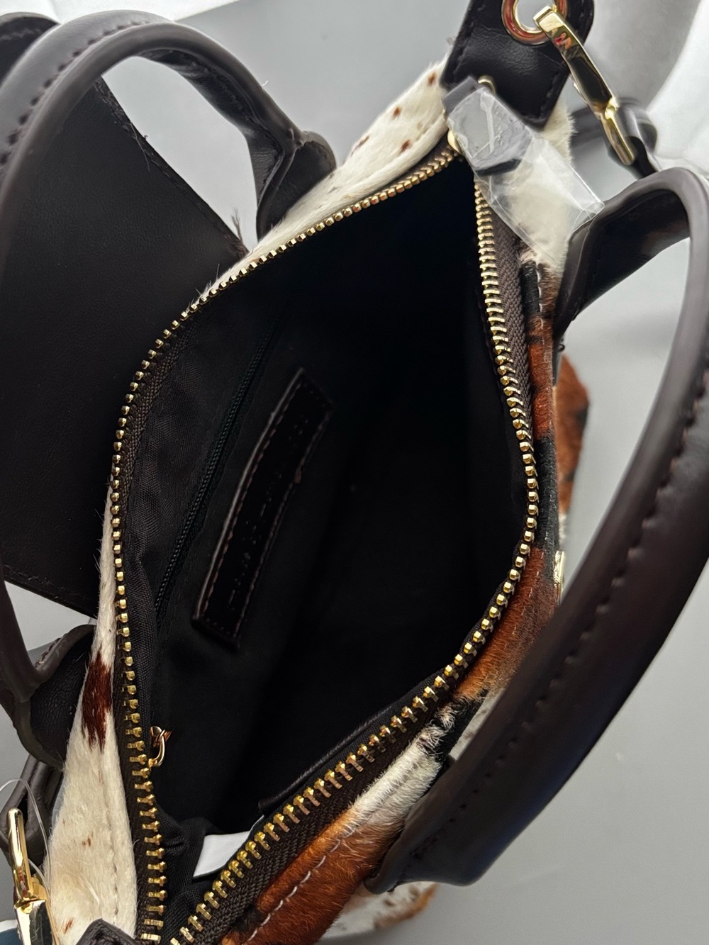 House of Harlow 1960 Brown, Black & White Cowhide Mini Crossbody Satchel - Picture 5 of 6